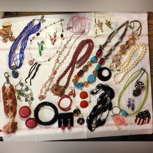 Colorful fashion jewelry bundle earrings necklaces bracelet keychains vintage